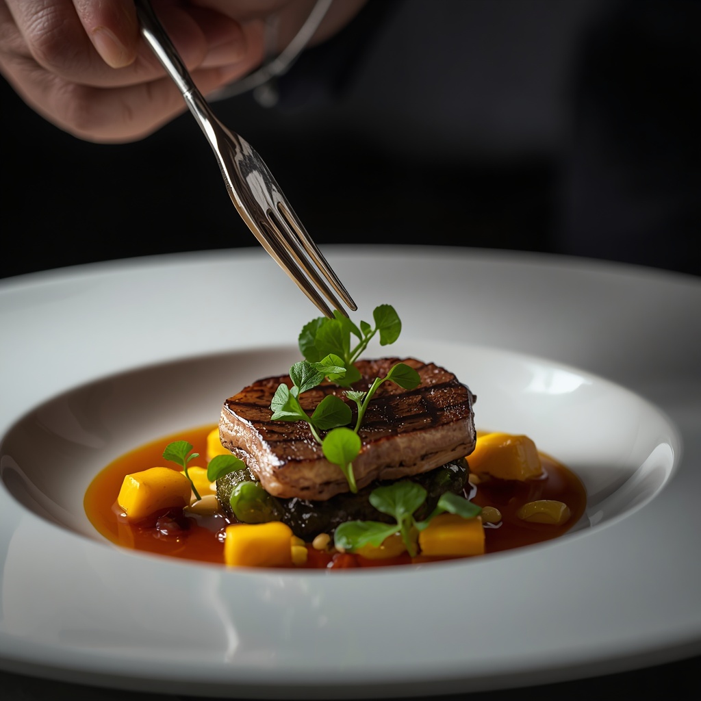 Professional macro photography of a gourmet dish being plated by a chef, fine dining presentation, dramatic lighting, high detail, exquisite food styling, 4k, modern culinary arts